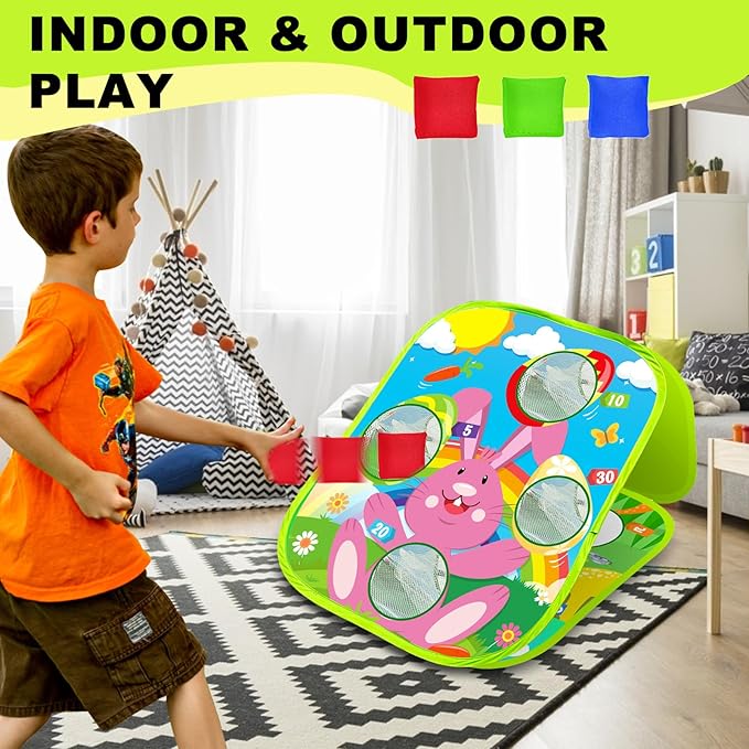 AMENON Carnival Bean Bag Toss Outdoor Games, Double Sided Bunny Eggs Cornhole Board, Easter Carnival Games for Kids Toddler Family Lawn Party Birthday Cornhole Toy with 6 Bean Bag & 4 Stake