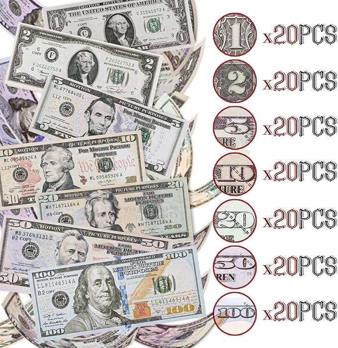 140Pcs Prop Money Play Money, Number Learning Toy for Music Video, Develops Early Math Skills, Prop Money for Board Game, Parties, and Magicians