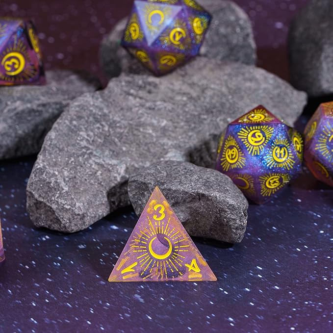 Cusdie Sharp Edges DND Dice, 7 PCs Moon Dice Set D&D Dice, Handcrafted Polyhedral Dice Set, for Role Playing Game Pathfinder(Moon/Purple Black)