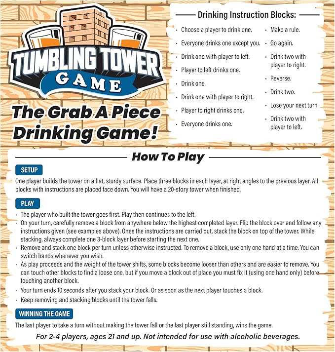 ArtCreativity Tumbling Tower Drinking Games for Adults, with 4 Glasses and 60 Wooden Blocks with Challenges, Fun House Adult Party Games for Game Night, Great Gift Idea for Everyone