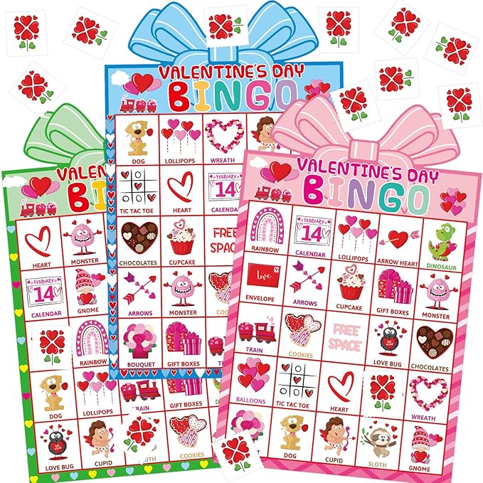 Fancy Land Valentines Day Bingo Game for Kids 24 Players Die-Cut Valentine’s Day Classroom Party Activities Game