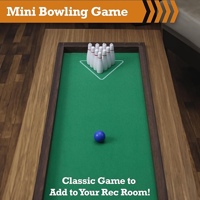 Sterling Games Tabletop Bowling Combo Set, Wooden Arcade Board with Marbles and Pins, Indoor Table Top Game for Kids and Family