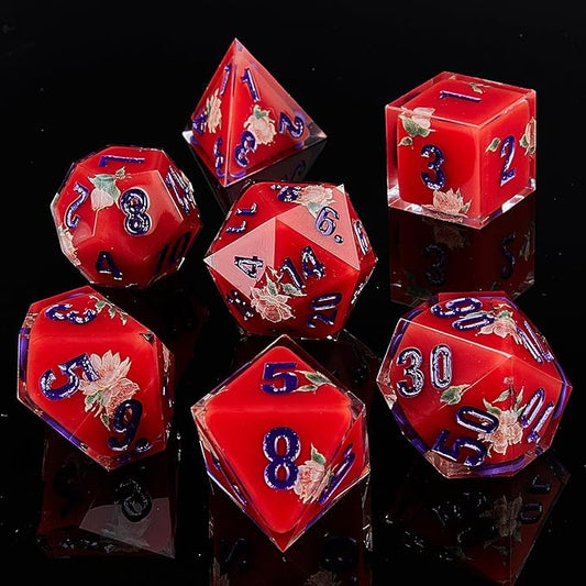 DND Dice Set Polyhedral, IDTQ Dungeons and Dragons Purple Dice Set RPG MTG Table Games 7-Die Resin Sharp with Acrylic Starlight Accent Box (Rose-Red)
