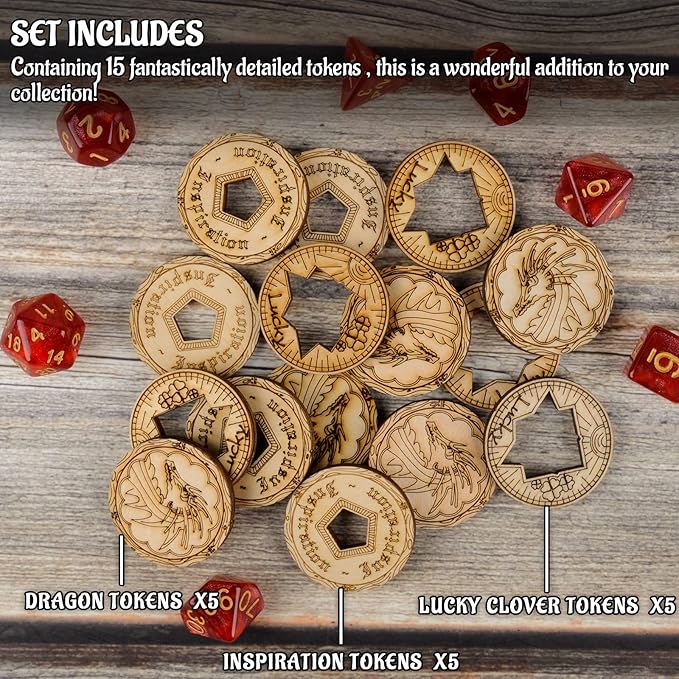 DND Tokens Laser Cut Wood Coins Set of 15 in 3 Styles - Lucky Clover, Inspiration and Dragon - Perfect for Dungeons & Dragons, Pathfinder, RPG and Board Game