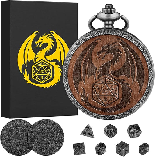 Mini DND Dice Set Wooden Dragon Engraved Pocket Watch Shell Case, 7pcs Polyhedral Metal D&D Dice Set, DND Gifts with Gift Box, Role Playing Board Games Accessories, Silver