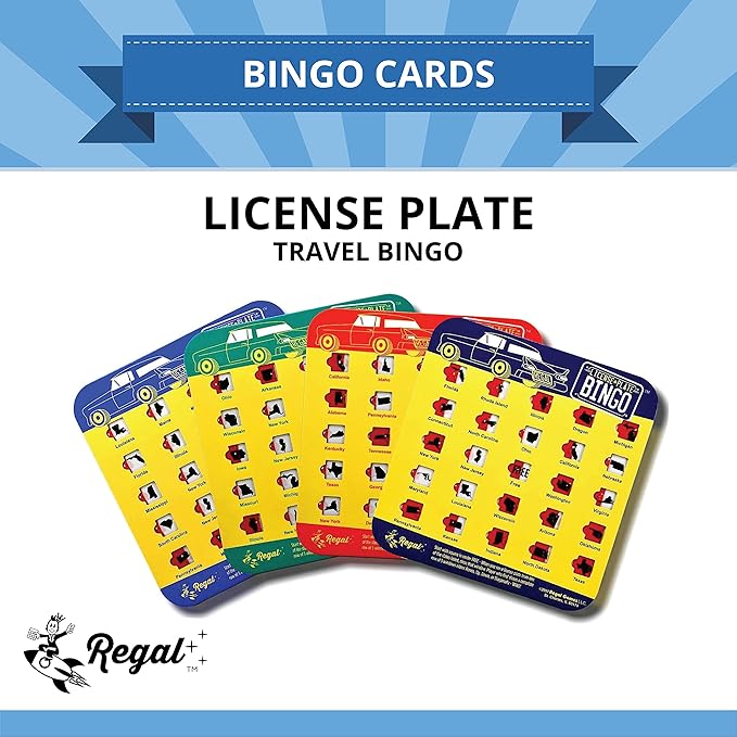 Regal Games Finger-Tip Shutter Bingo Cards with Sliding Windows - License Plate & Travel Bingo Game Set for Adults & Kids - Reusable, No Chips & Daubers Needed - 4 Packs - Yellow
