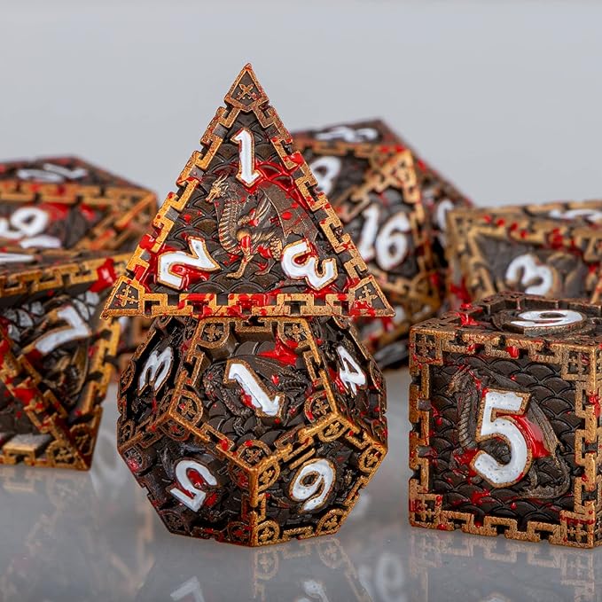 ARUOHHA 7PCS DND Metal Dice Set Antique Gold Blood Polyhedral Dice Set with Gift Box, RPG Role Playing Dice 6 Sided D and D Dice D20 D12 D10 D8 D6 D4