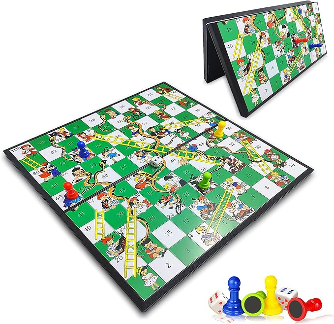 KIDAMI Magnetic Snakes and Ladders Board Game Set, Folding Portable Design, Family Travel Game Set Gift for Kids and Adults (11.2 inch x 11.2 inch)