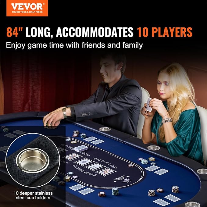 VEVOR 10 Player Poker Table Foldable, Portable Folding Card Board Game Table, Blackjack Texas Holdem Table with Padded Rails and Stainless Steel Cup Holders,Blue (84 in), Casino Leisure Table