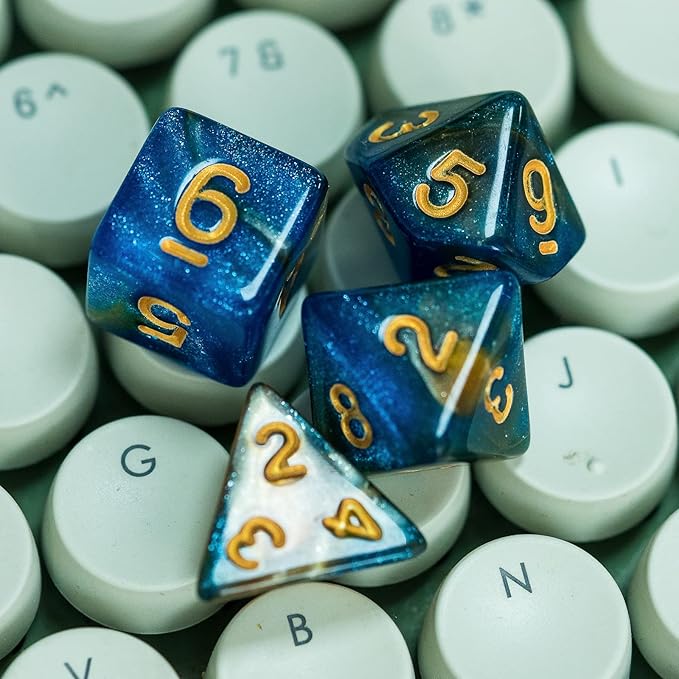 7-Die DND Dice Set Polyhedral Dice Set with a Leather Dice Bag, D&D Dice Set for Dungeons and Dragons, RPG, MTG Table Games (Blue Yellow/Glitter)