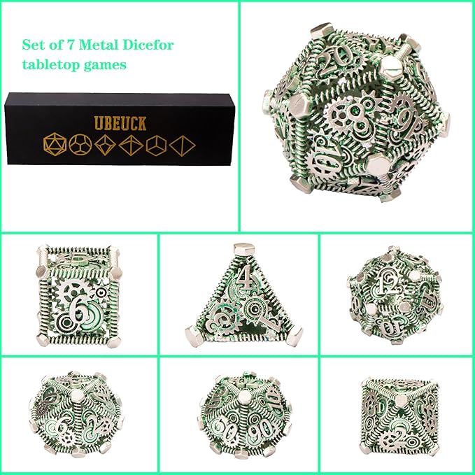 DND Metal Dice Set, UBEUCK 7PCS Gear Metal DND Dice Set for Dungeons & Dragons Board Games Boxes(Gear Green)