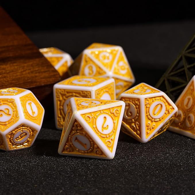 7PCs DND Dice Set, Unique Window Lattice Pattern D&D Dice Set with Leather Die Bag, Polyhedral Die for Dungeons and Dragons, RPG Table Games (Yellow/White)