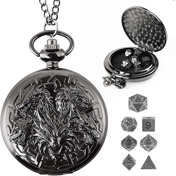 D&D Dice Set,7PCS Metal Dice for Dungeons and Dragons,Mini Dice Set with Pocket Watch Case,Role Playing Board Games Accessories (Dragon, Black)