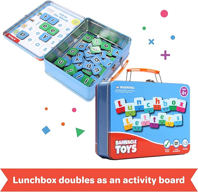 Barnacle Toys Lunchbox Letter Tiles & Games for Kids Ages 4-8, 80 Magnetic Letters, 20 Literacy Games, Spelling Board
