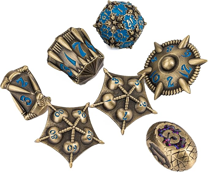 UDIXI Dragon Metal Dice Set D&D, 7-die Polyhedral Dice Set with Unique Shape for DND Dungeons and Dragons Role Playing Games(Bronze with Blue Number)