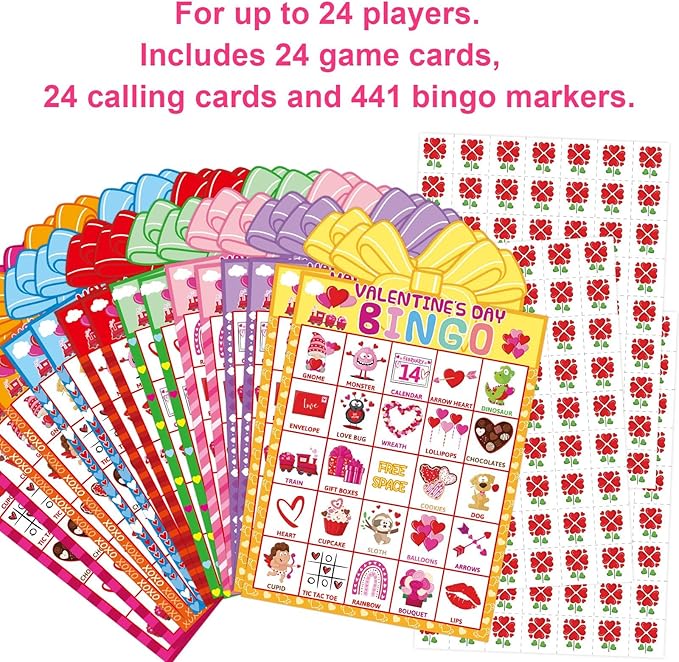 Fancy Land Valentines Day Bingo Game for Kids 24 Players Die-Cut Valentine’s Day Classroom Party Activities Game