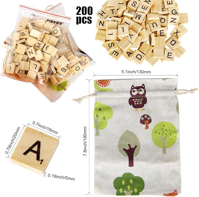 PINOWU 200pcs Wooden Letter Tiles for Scrabble Crossword Game Wood Scrabble Letters Replacement for DIY Craft Gift Decoration Scrapbooking and Making Alphabet Coaster