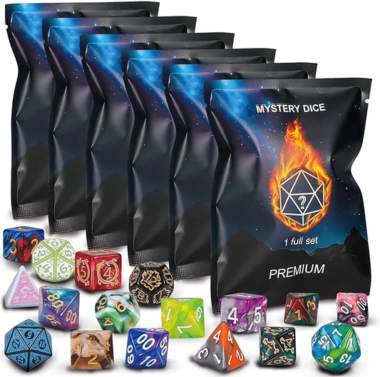 QMAY Polyhedral Dice - 48PCS Mystery Dice Set, Various Styles, Random DND Dice Patterns & Dice Bag, 6 Mystery Bags, D&D Gifts for Dungeons and Dragons, RPG, MTG,Role Playing Table Game