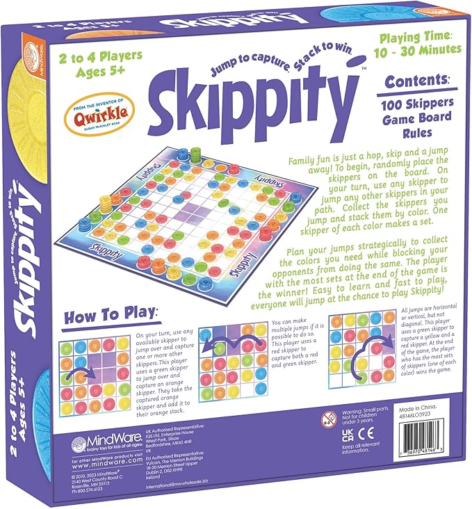 MindWare Skippity – Jump-and-Capture Board Game for 2 to 4 Players – Twist on Checkers – 100pc – Fun for Kids & Adults, Ages 5+
