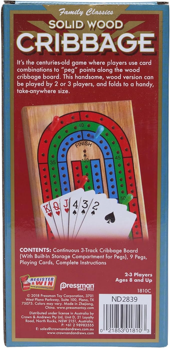 Family Classics Cribbage - Solid Wood Continuous 3 Track Board with Built-In Storage Compartment for Pegs