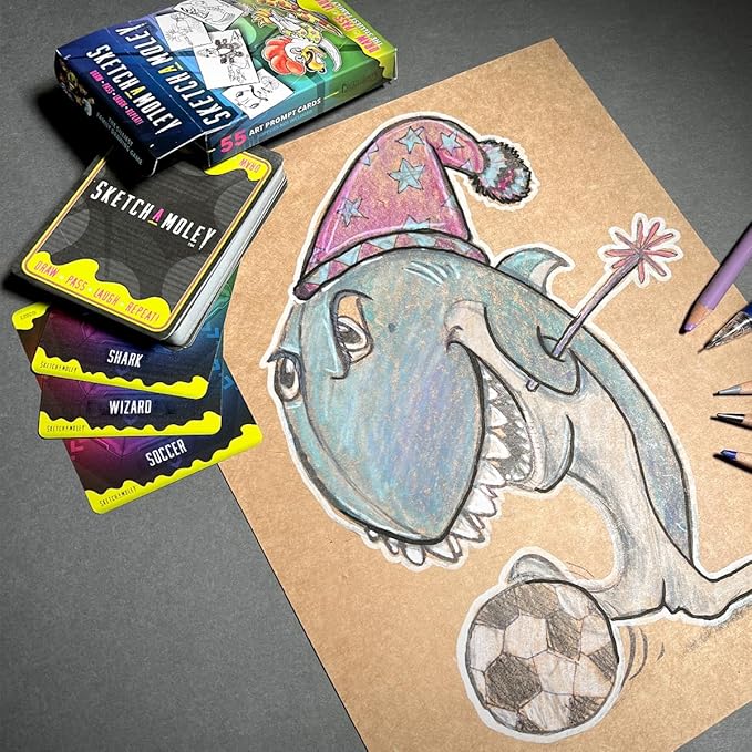 SketchaMoley Silly Family Drawing Game of Round Robin Art Mashups! 1-6+ Players. 55 Cards Travel Deck. Creative Stocking Stuffer Gifts for Kids Teens Artists Daily Art Prompts Ideas