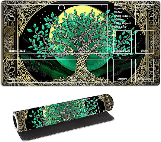 for MTG Playmat with Zones Storage Bag,for TCG Playmat and Playing Card Mat for Magic Board Games, Celtic Tree of Life Non Slip Stitched Edges Game Mat, Rollable Foldable Card Playmats