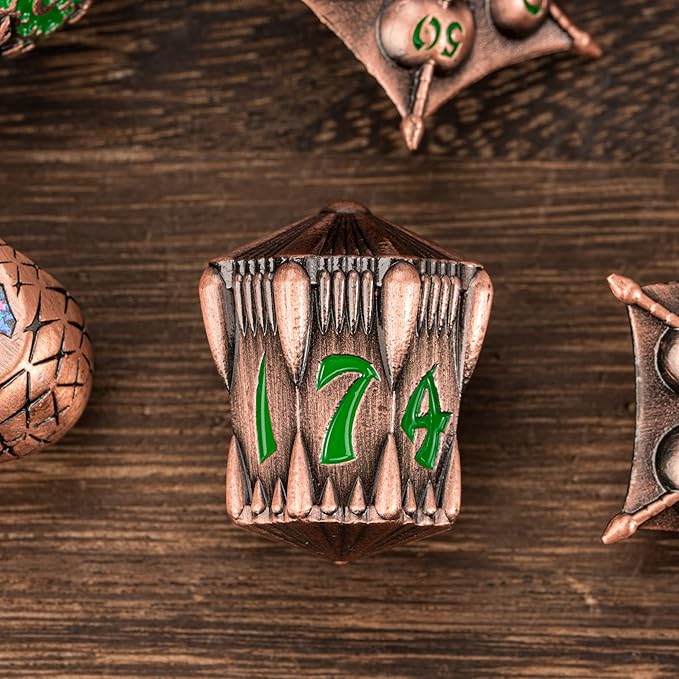 UDIXI Metal DND Dice Set, 7PCS Polyhedral Dice Set D&D with Unique Shape for Dungeons and Dragons Role Playing Games RPG Board Games (Copper with Green Number)