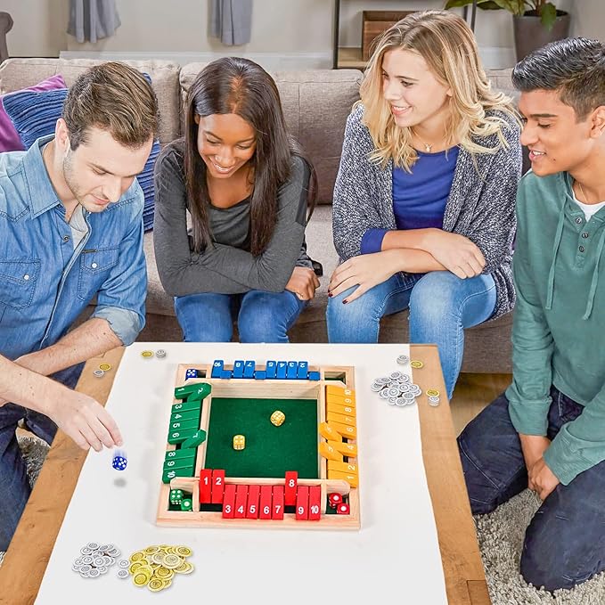 1-4 Players Shut The Box Dice Game, 10 Numbers Traditional Wooden Pub Bar Board Family Table Mat Game Dice for Kids and Adults