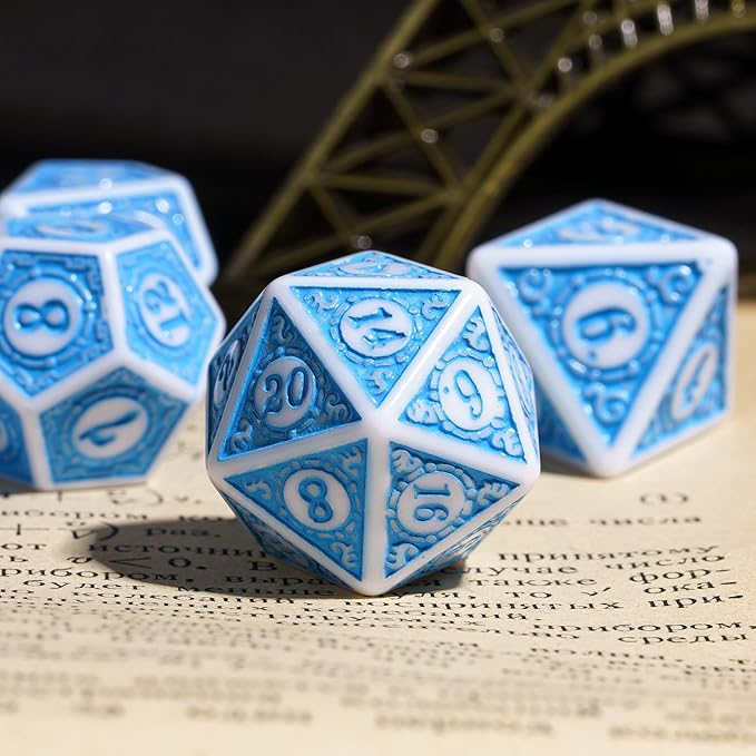 7PCs DND Dice Set, Unique Window Lattice Pattern D&D Dice Set with Leather Die Bag, Polyhedral Die for Dungeons and Dragons, RPG Table Games (Blue/White)