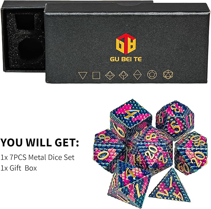 Metal DND Dice Set,Colorful Dragon Scales DND Dice 7-pcs Metal Polyhedral Dice Set for Dungeons and Dragons RPG MTG Table Games