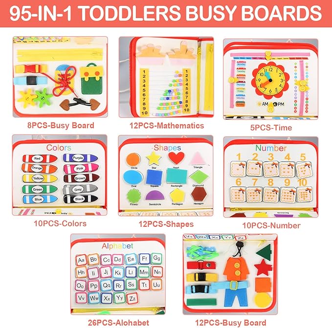 Busy Board for Toddlers Sensory Toys -Autism Educational Activity Sensory Travel Toys for Toddlers 3+ Years Old, Preschool Activities Learning Alphabet Count Fine Motor Skills, Gift for Boys Girls