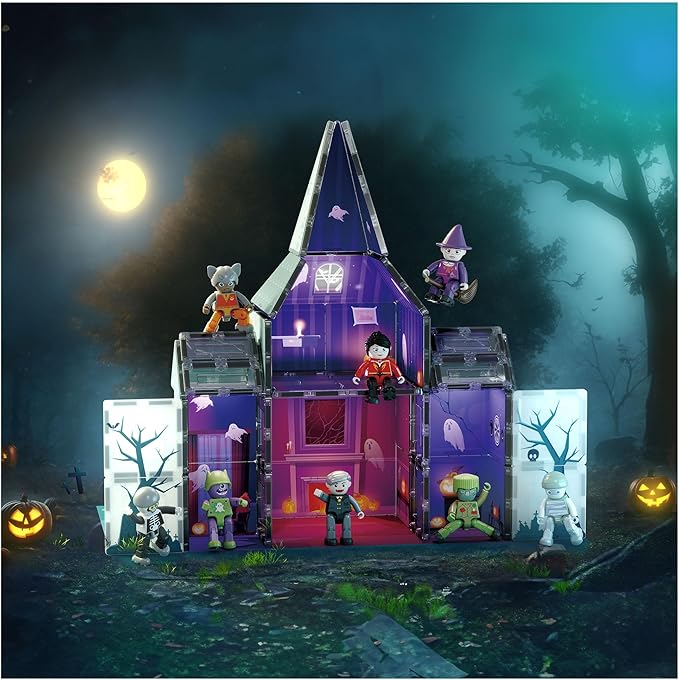 PicassoTiles Haunted House Theme Magnet Tile Building Blocks 8 Action Figures Magnetic Construction Toy Double Sided Printing Education STEM Learning Playset Halloween Adventure Kid Ages 3+ PTQ03
