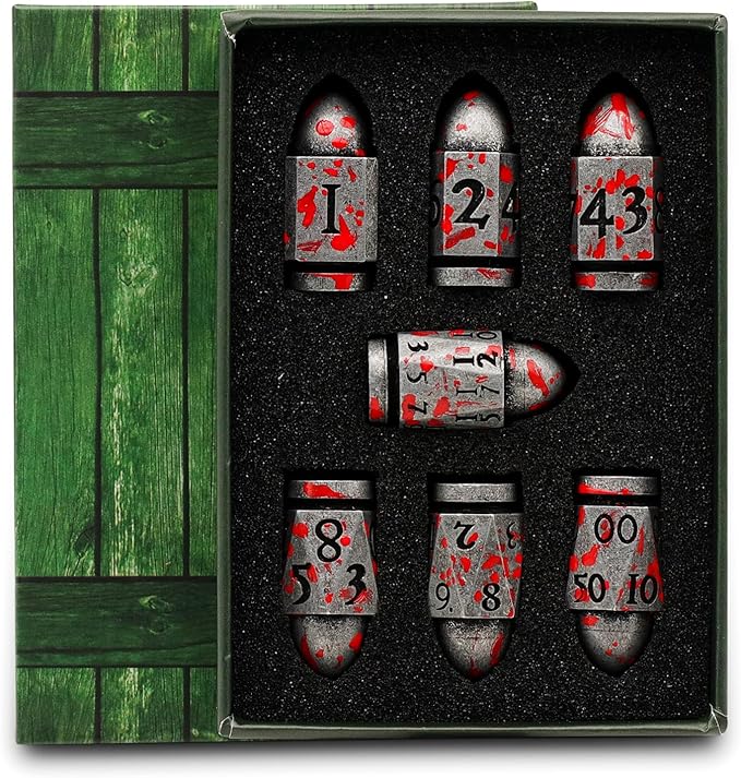 Bullet DND Dice for Dungeons and Dragons, Solid Metal Dice Set D&D with Box Polyhedral D and D Dice for Role Playing Tabletop D20 D12 D10 D8 D6 D4 (Bullet Sliver Blood Spot)