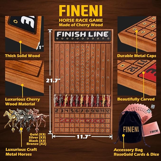Horse Racing Game for Adults, Horse Race Board Game with 11 Luxurious Metal Horses (Gold, Silver, Black, Rose Gold), 22” Cherry Wood Horse Race Game Board, Dice & RoseGoldCard Included (Cherry)