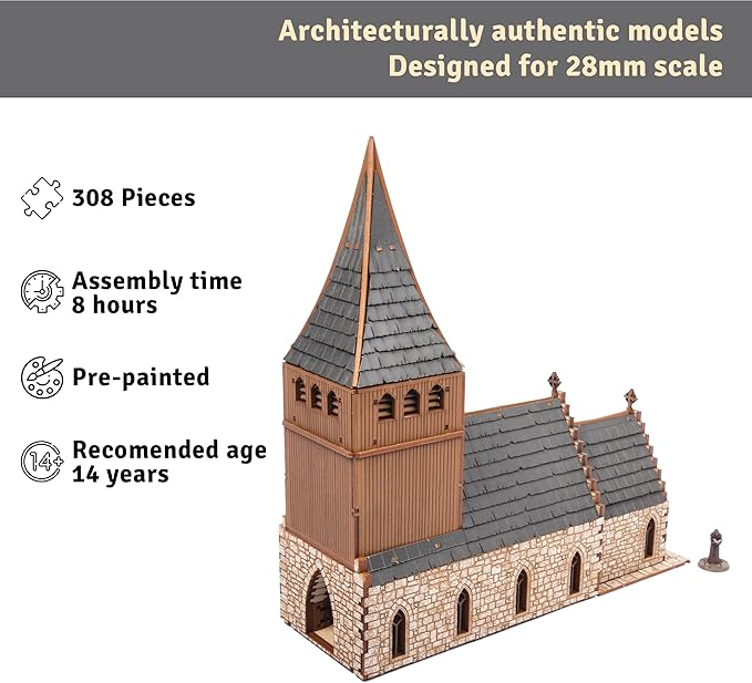 Chapel Medieval Church DIY Wooden Building Kit -308PCS; 8hrs Assembly time; Age Group 14+ - Realistic