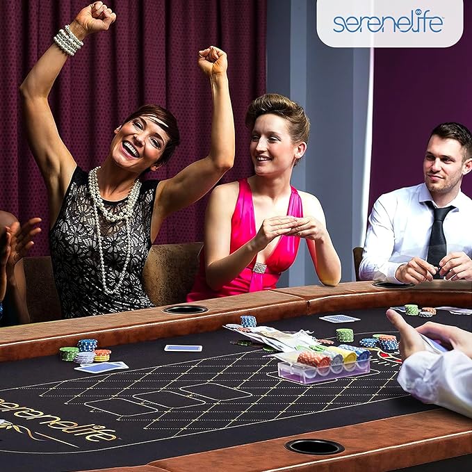 SereneLife 10-Player Oval Foldable Poker Table - Casino Texas Holdem Table with Water-Resistant Cushioned Rail, 10 Cup Holders, Brown Felt Surface, Black Jack Board & Family Games (Brown)
