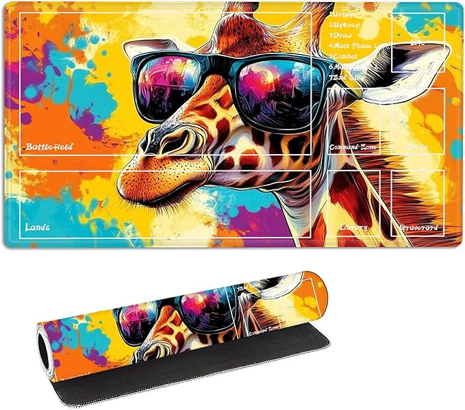 for MTG Playmat with Zones Storage Bag, for TCG Playmat and Playing Card Mat for Magic Board Games, Sunglasses Giraffe Non-Slip Stitched Edges Game Mat, Rollable Foldable Card Playmats