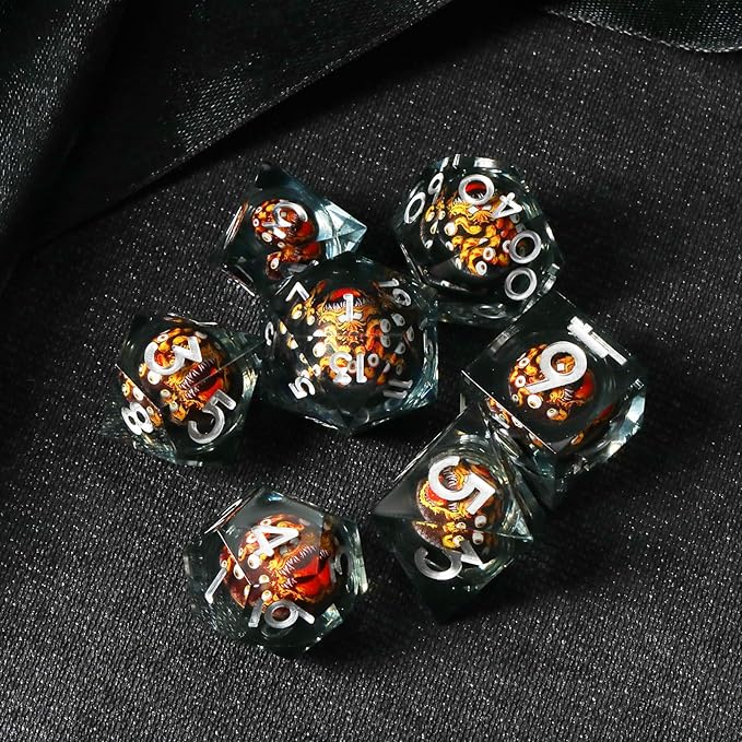 Cthulhu Beholder Polyhedral Resin Dice Set for Dungeons and Dragons Sharp Edge 7 PCS for D&D RPG Starter and Role-Playing Games, with Gift Box (Black-Orange)