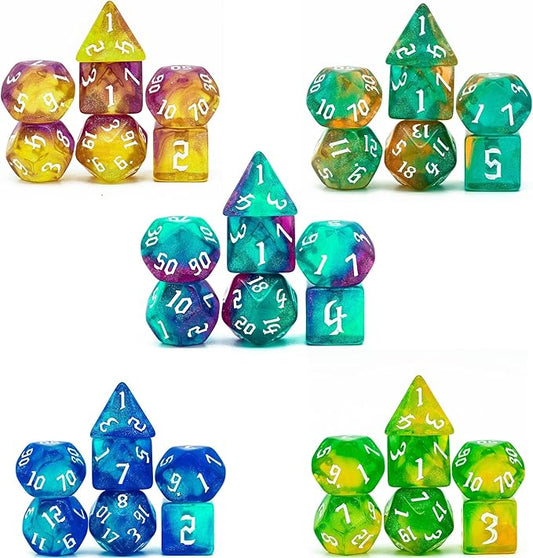 5 Sets DND Dice, Polyhedral Dice Set (35pcs) with Leather Dice Bag, D&D Dice Set for Dungeons and Dragons, RPG, MTG Table Games (Sickle Font Double Color Glitter Series).