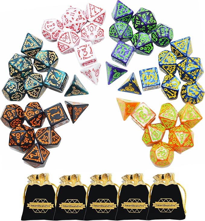 SmartDealsPro Double-Colors Polyhedral Dice Sets with Pouches for D&D DND RPG MTG Dungeon and Dragons Table Board Roll Playing Games D4 D6 D8 D10 D% D12 D20 (6-Color Retro Sets)