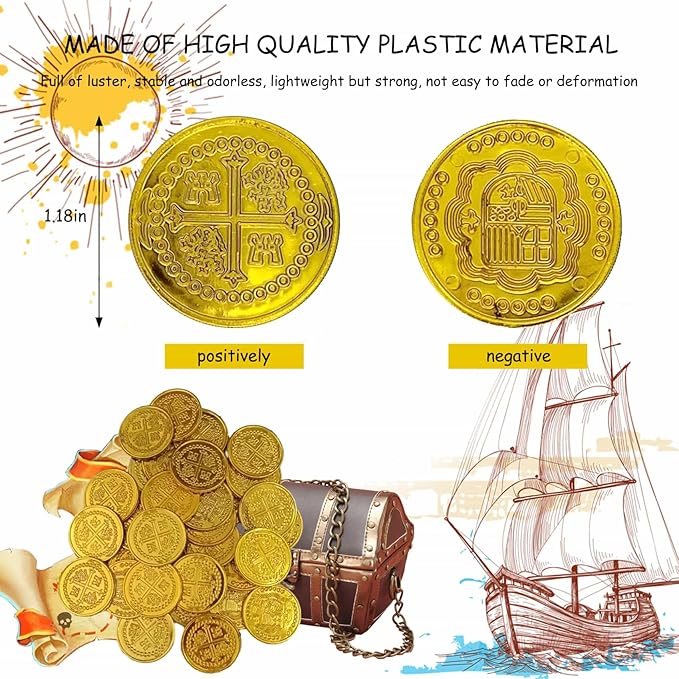 200 Pcs Plastic Pirate Gold Coins St. Patrick's Day Play Treasure Coins Fake Coins Reward Gifts for Kids Board Games Pirate Party Cosplay Pirate Party Decorations (200pcs)