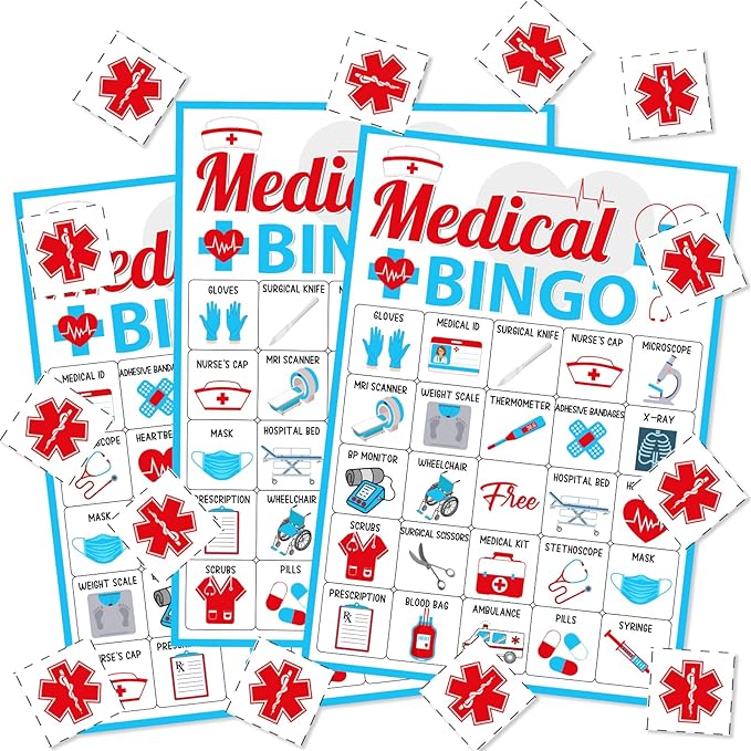 Cheereveal Nurse Graduation Party Games - Bingo Game with 12 Player Chips, 24 Medical Bingo Cards for 2025 Nursing Grad Party Activities and Supplies