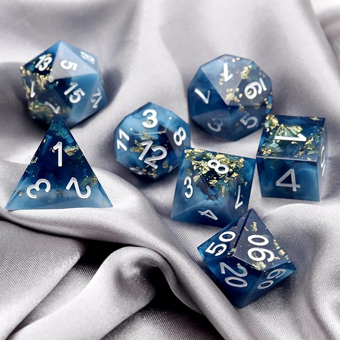 Haxtec Sharp Edge Dice Blue DND Dice Set Resin Dice with Dice Case Polyhedral D&D Dice for TTRPGs Dungeons and Dragons DND Gift-Dark Blue White Gold Foil