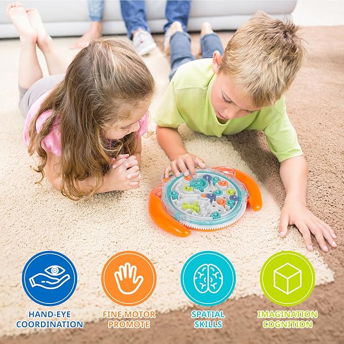 Mind puzzles for Kids ages 3-12, 3D Maze Puzzles, Brain Games, Brain Teasers Gravity Maze Ball Puzzle Toy Gifts, Hard Challenge, Gear Wheel Labyrinth Game Maze with One Steel Marbles - Orange