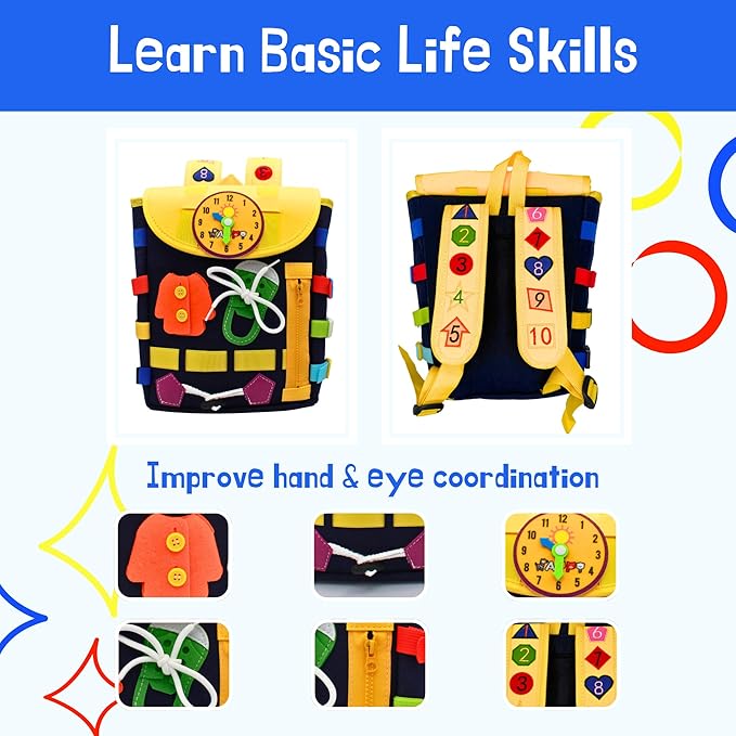 Busy Board Toddlers Travel Backpack - Learning Activities for Kids to Develop Fine Motor Skills and Basic Life Skills - Montessori Sensory Toys (Blue)