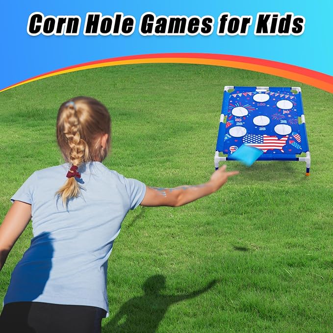 4th of July Bean Bag Toss Games with 6 Bean Bags American Flag Portable PVC Framed Corn Hole Game Set for Independence Day Patriotic Party Outdoor Game Party