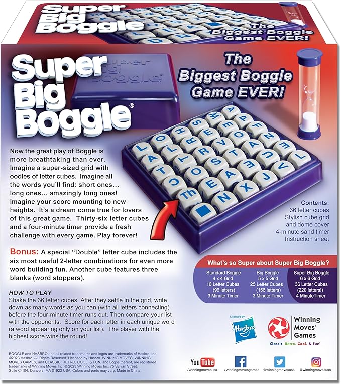 Super Big Boggle with 6x6 Grid and 36 Letter Cubes by Winning Moves Games USA, the Biggest Boggle Game Ever, 4 Minute Sand Timer, for 2 or More Players, Ages 8+ (1165)
