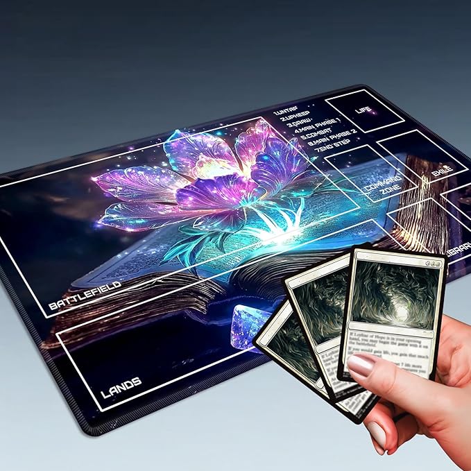 MTG Playmat Size 23.6x13.8in with Storage Bags Portable Playmat TCG and Board Game Mat for Cards Rubber Base Slip-Resistant Mousepad Desk Mat (Magic Lotus Flower,with Zone)