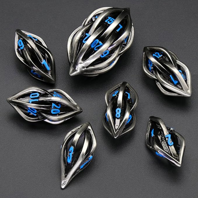 Arcanum DND Dice, Hollow Metal Dice Set D&D for with Box for Dungeons and Dragons Polyhedral Role Playing D and D Dice for Tabletop RPG D20 D12 D10 D8 D6 D4 (Arcanum Blue Number)