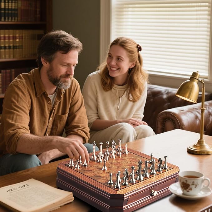 12" Wooden Chess Set with 2 Built-in Storage Drawer and Distressed Metal Chess Pieces - 2 Extra Queens Retro Desktop Chess Board Game for Adults and Beginners